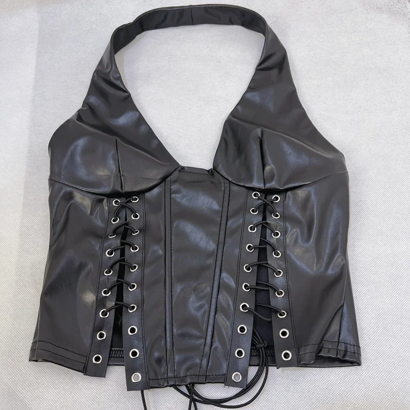 Womens Wet Look Skinny Crop Top Patent Leather Sleeveless Tanks Front Hallow Out Crop Tank for Clubwear Pole Dance Dating Night