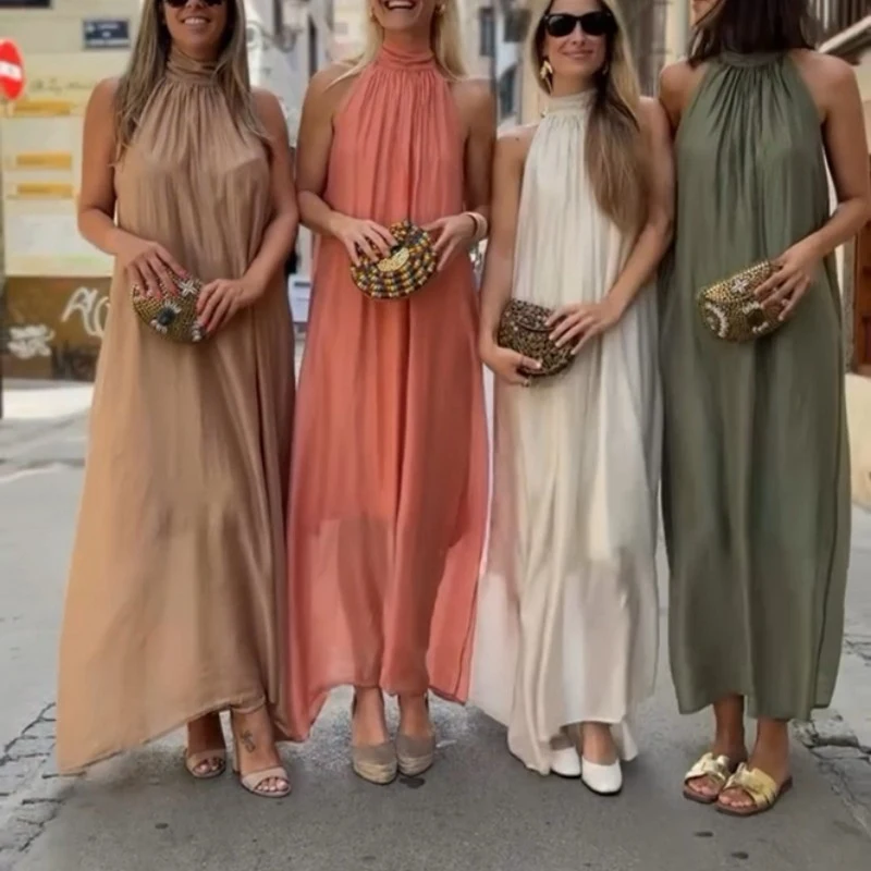 Elegant Draped Lace-Up Maxi Dress Fashion Half High Collar Simple Long Dress Summer Women's Casual Sleeveless Loose Party Dress