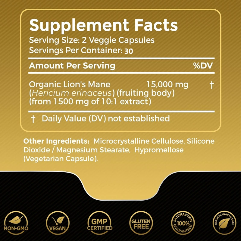 Lions Mane Supplemental Capsules - Brain Supplements for Memory and Focus - Cognitive and Immune Support, Focus Supplements