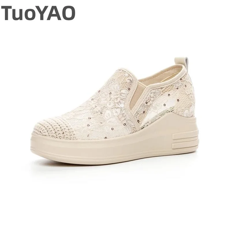 

7cm Air Mesh Genuine Leather Chunky Sneakers Vulcanized Platform Wedge Spring Breathable Women Summer Hollow Comfort Casual Shoe