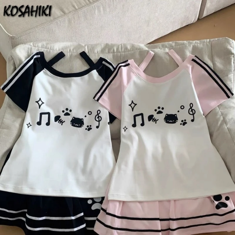 Camiseta con estampado de dibujos animados Kawaii japonés J2025, camisetas holgadas informales de retales para mujer, camisetas Grunge de Color de contraste estético Y2k