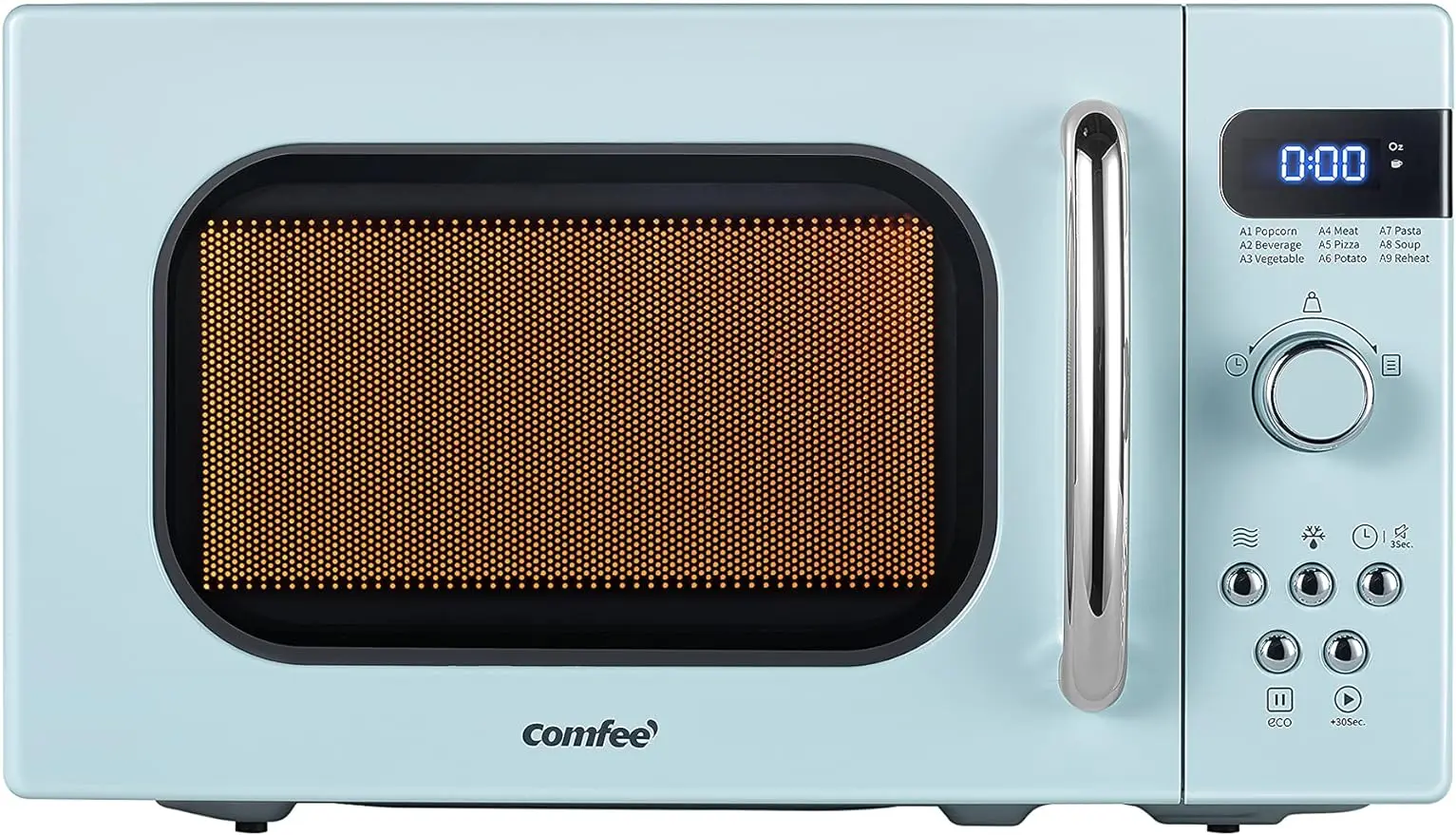 Retro micromicrowave, compact size, 9 preset menus, location memory turntable, mute function, small space desktop microwave