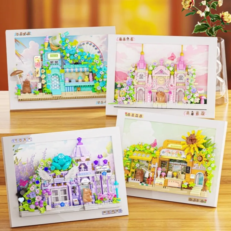 Capybara Building Block แม่เหล็กกรอบรูปประกอบของเล่นดอกไม้งานแต่งงาน Shop โบสถ์ชุดตกแต่งบ้านของขวัญ