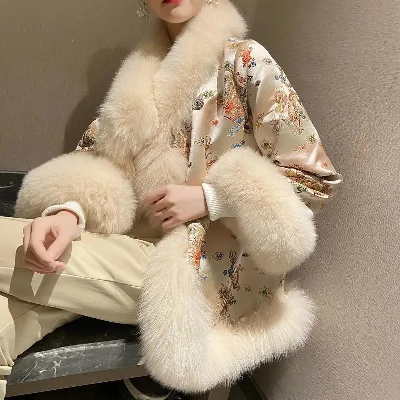 

Autumn and winter Hanfu temperament imitation fur jacket Chinese style cotton jacket Chinese style large flower Tang suit young