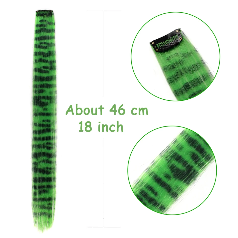 Extensiones de cabello sintético con clip, largas y lacias, con estampado de rayas de colores, para uso diario, fiestas y Halloween 5
