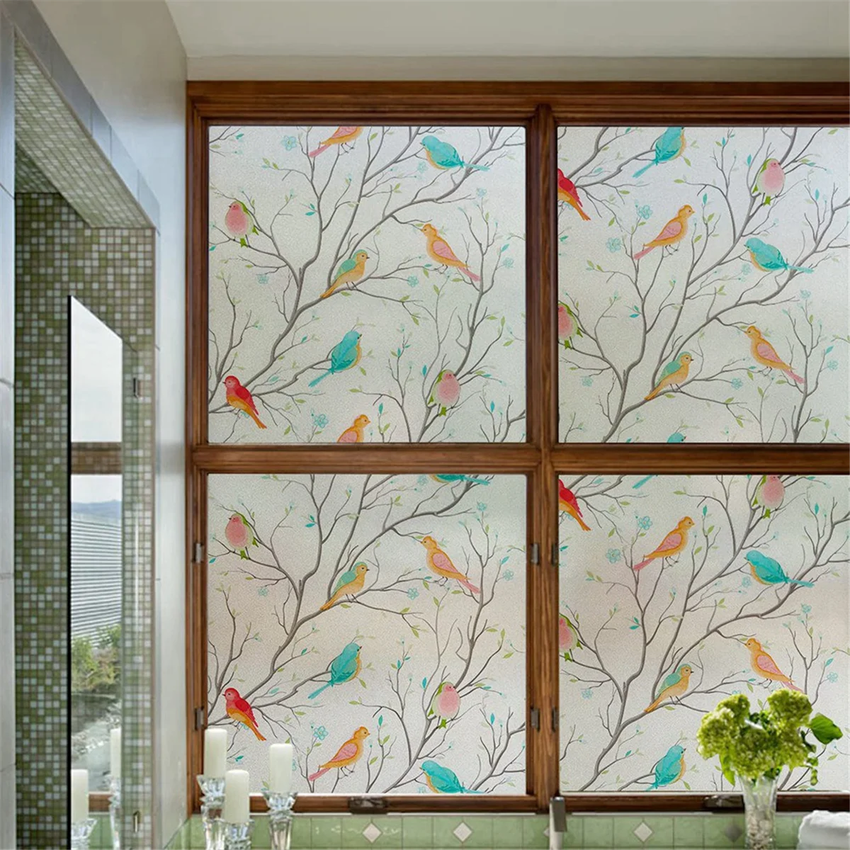 ABDR-3D Bird Frosted Window Privacy Film Stained Glass Window Film Non-Adhesive Static Cling Glass Film Decorative 60cm