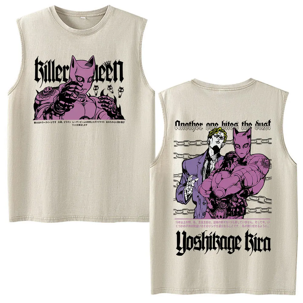 Anime Jojo Bizarre Adventure Kira Yoshikage Killer Queen Vintage Washed Tank Tops Men's Women Clothing Sleeveless Vest T-shirts view 2