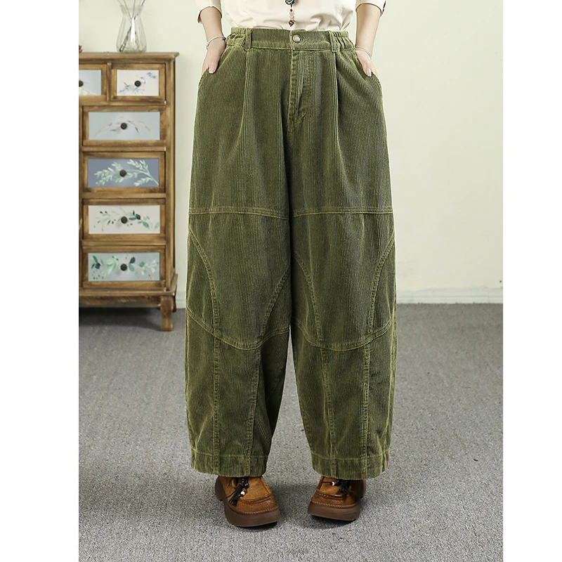 

Autumn 25 New Arrival Women All-matched Vintage Ankle-length Pants Casual Loose Cotton Corduroy Elastic Waist Harem Pants Q136