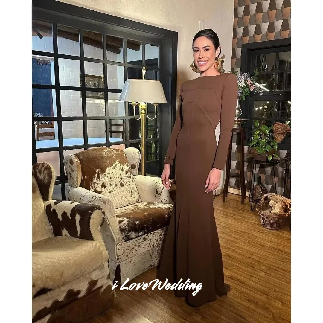ブラウン長袖マーメイドバックレスイブニングドレス فساتين سهرات フロアレングスウェディングパーティードレスプリーツカスタマイズ