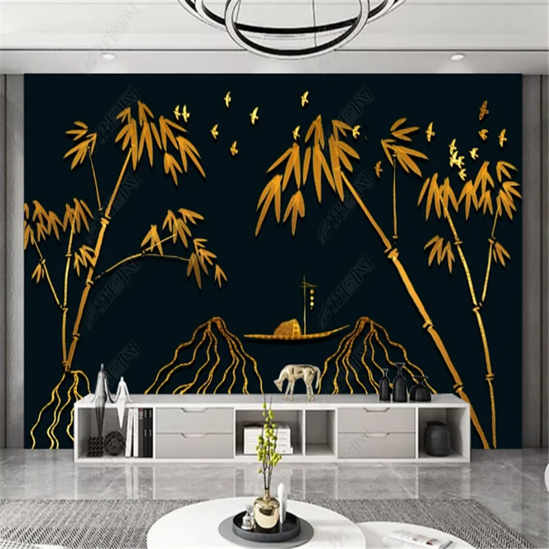 

New Chinese Golden Line Mural Yuanshan Bamboo National Tide Wallpaper For Living Room Background Wall Paper Home Decor