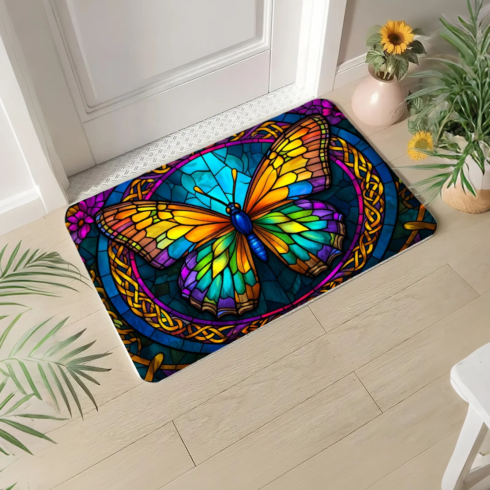 1pc Stained‑Glass Butterfly & Celtic Knot Welcome Doormat, Flannel Floor Mat for Front Door, Kitchen, Bathroom, Home Decor,