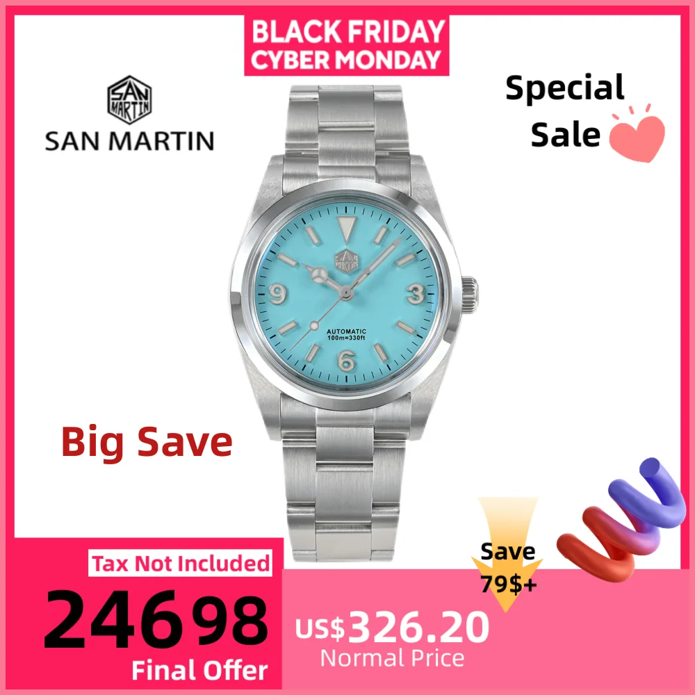

Часы San Martin, автоматические механические водонепроницаемые часы для мужчин, роскошные 36 мм, спортивные светящиеся сапфировые часы Saat SN0021B-1
