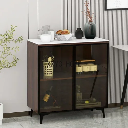 Double Door Storage Organizer Brown Glass Cabinet Household Restaurant Solid Wood Light Luxury Wall Sideboard Cabinet