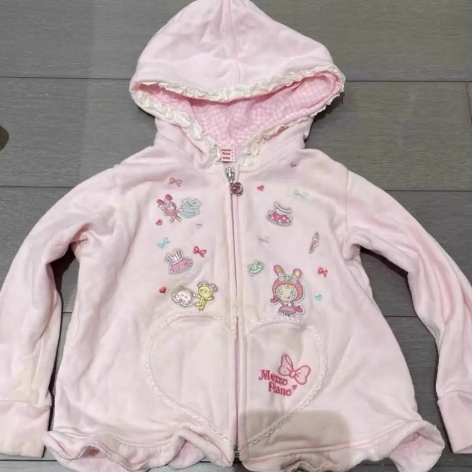 Japanese Kawaii Cartoon Embroidery Hoodies Women Pink Top Lace Patchwork Jacket Y2k Aesthetic Loose Zipper Sweatshirt Harajuku