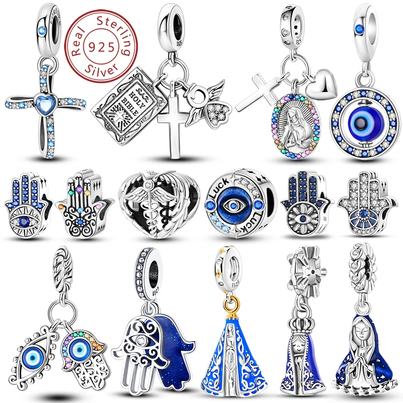 925 Silver Charms Beads Devil's Eye Cross Angel Charms Fit Original Pandora Bracelets Pendants Fine DIY Jewelry Making For Women