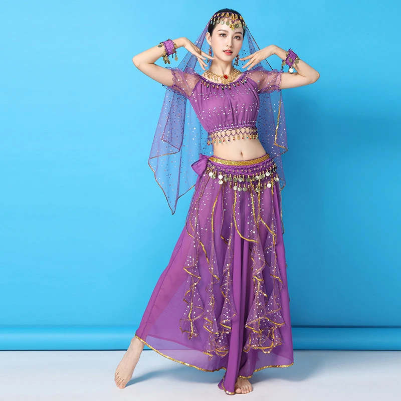 Women Shiny Belly Dance Sequins Top Skirt Indian Arabic Costume Set Bollywood Cosplay Clothes Practice Dancewear Rave Outfit Set