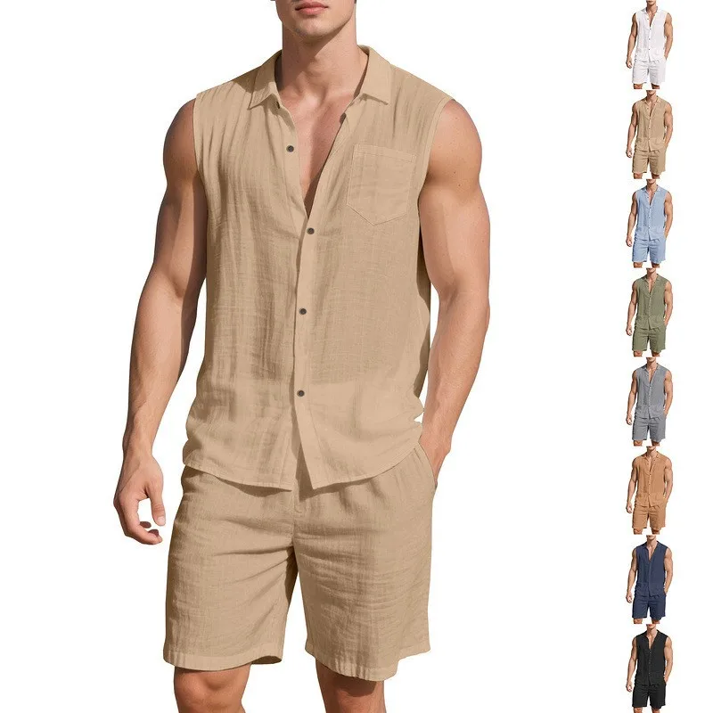 

Beige Linen Sleeveless Shirt with Collar Neck and Chest Pocket, Button Front Loose Fit Shorts, Drawstring Waist Solid Color Two