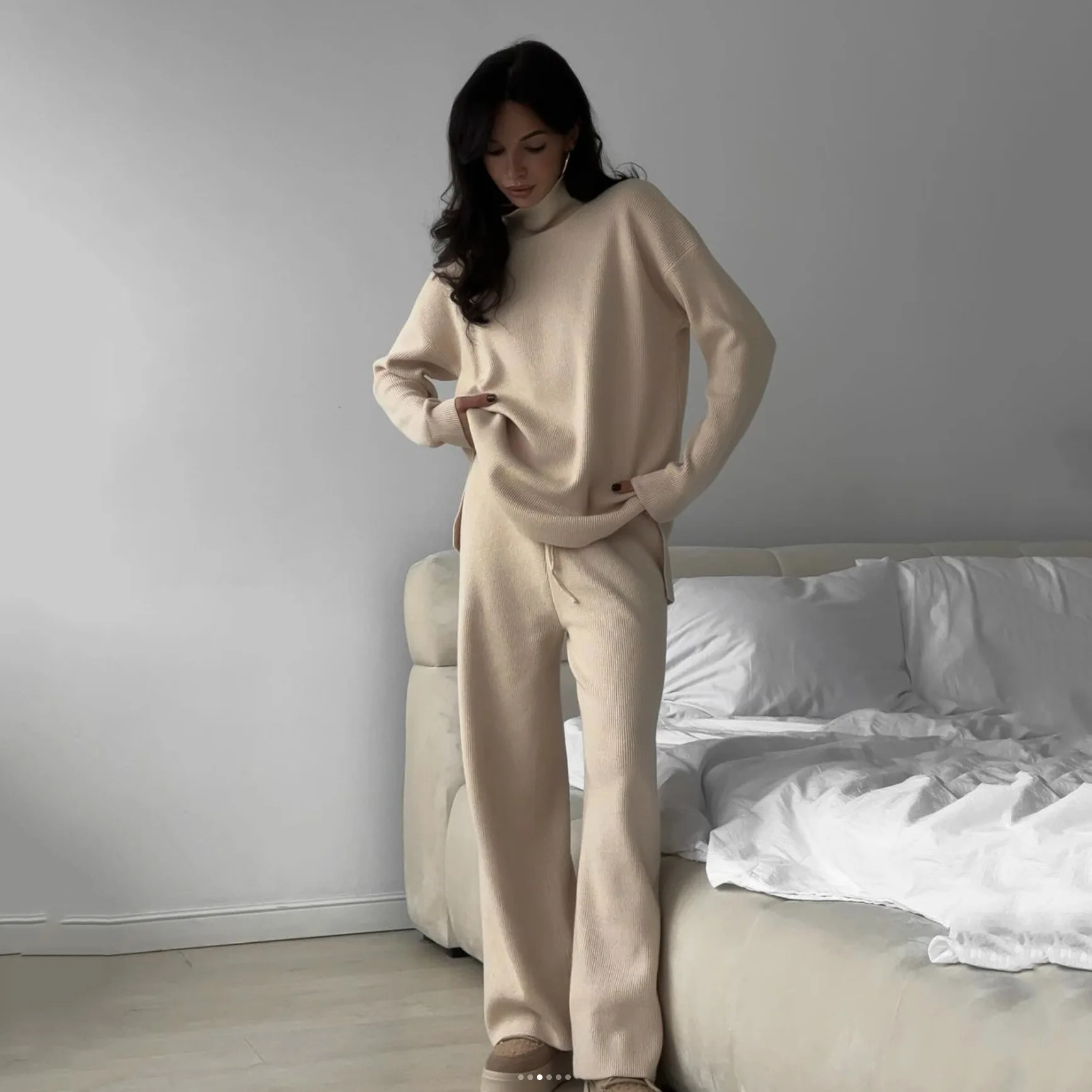 Women Turtleneck Sweater Pants Suit Chic Long Sleeves Loose Pullover New In Matching Sets 2024 Lady Solid Warm Basic Outfits