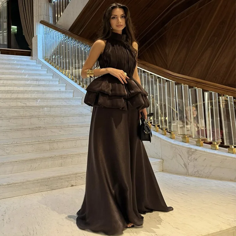 

Women's High Street Spring and Summer New Fashion Temperament Semi-turtleneck Sleeveless Waist Solid Color Dress Dress Set