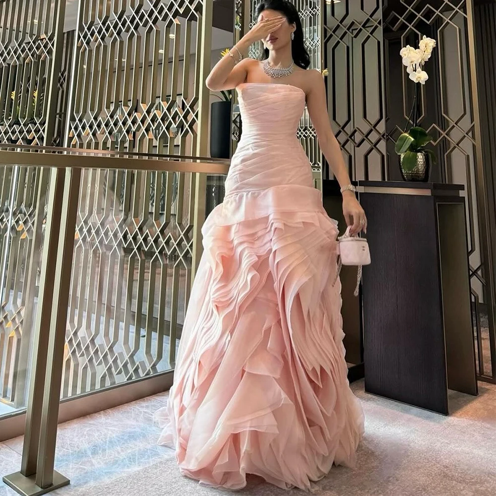 

Flechazo Pleat Strapless Evening Dress Sleeveless with Ruffles Floor Length A-Line Customized Women Party Banquet Luxury Gowns