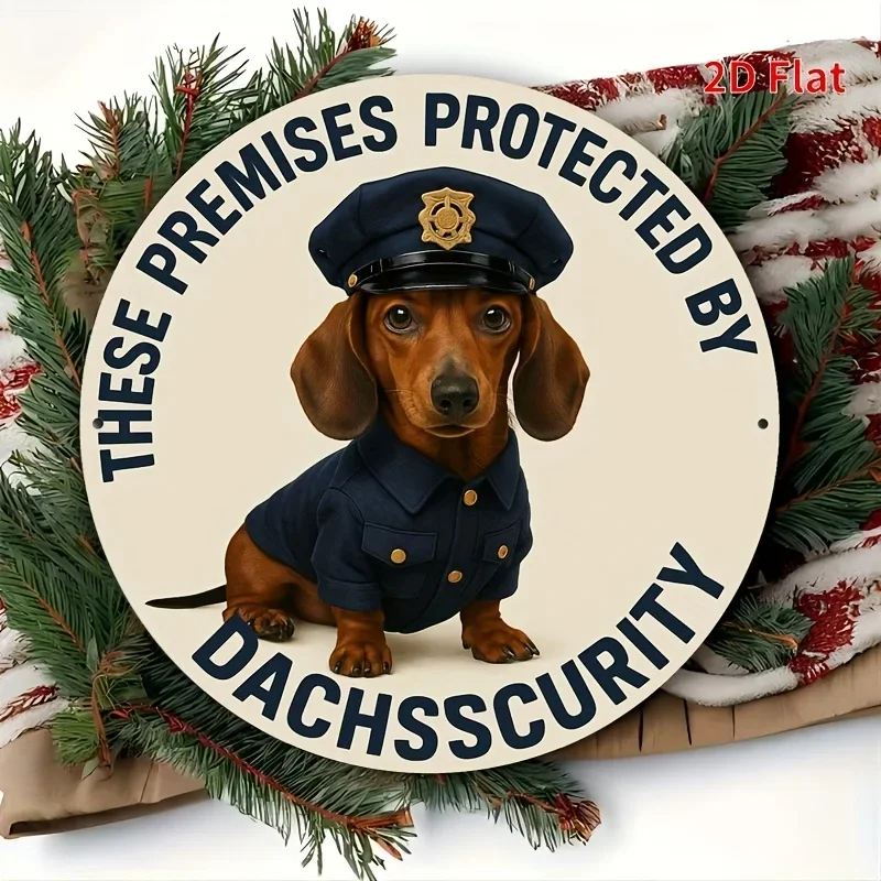2D Flat - Round Decorative Sign Featuring a 2D Dachshund Police Theme - Secured by Dachshund Security