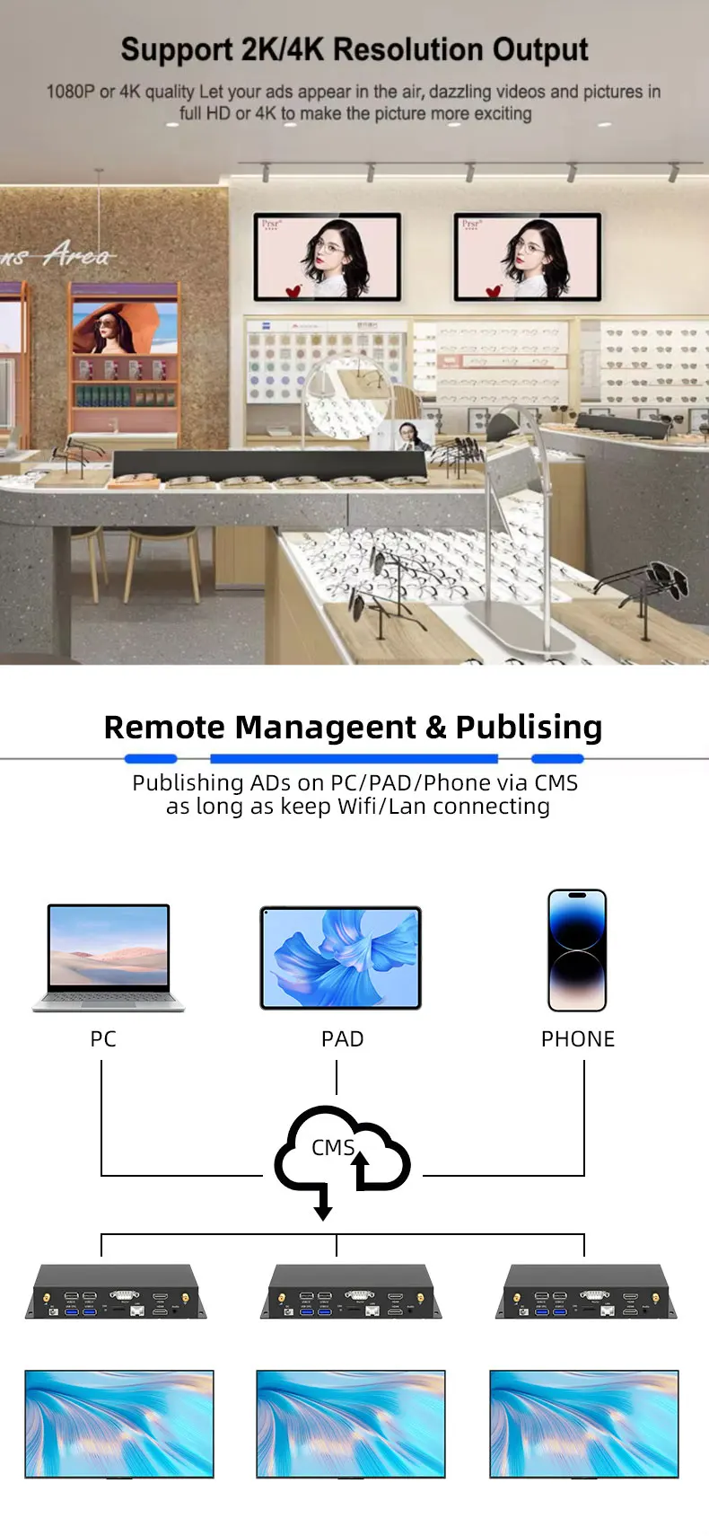 เครื่องเล่น Android พร้อมการจัดการระยะไกล RK3568 Uhd 4K Media Player Box โฆษณา Ai Box เป็นผลิตภัณฑ์คอมพิวเตอร์ Edge Ai