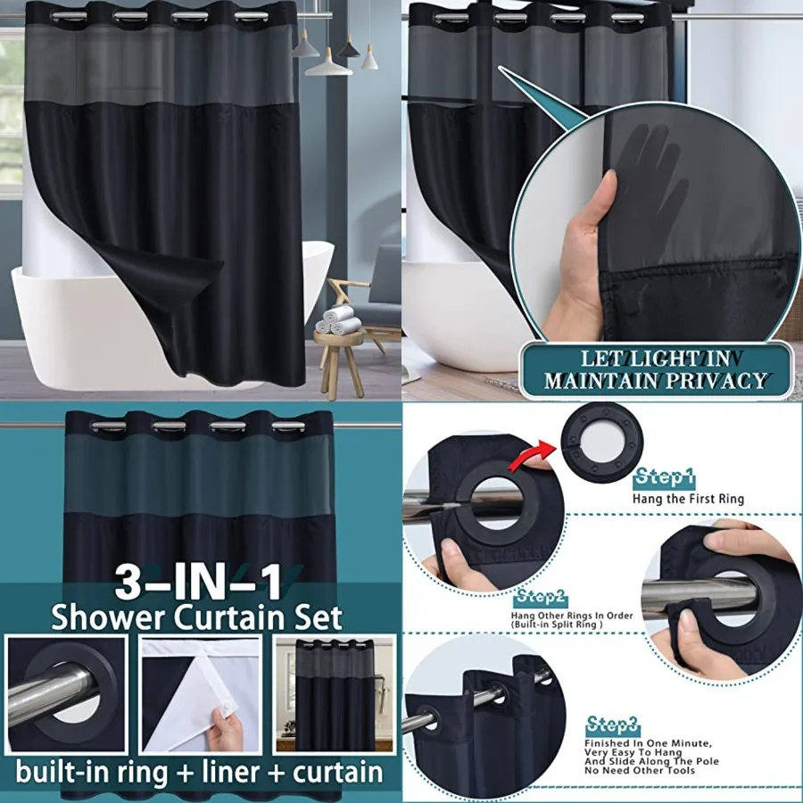 

No Hook Shower Curtain with Snap in Liner Set, Hotel Luxury Black Fabric Shower Curtains for Bathroom with See Through Top Wind