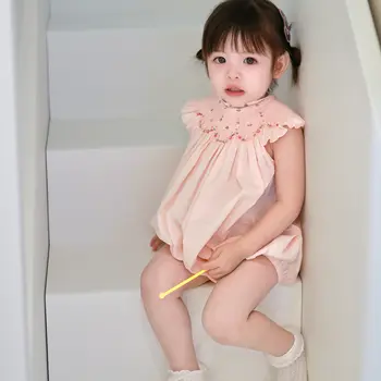 女童粉紅手工花朵刺繡褶皺洋裝公主裙純棉飛袖兒童精品服裝 10 最佳銷售 幼兒生日禮服 - №4