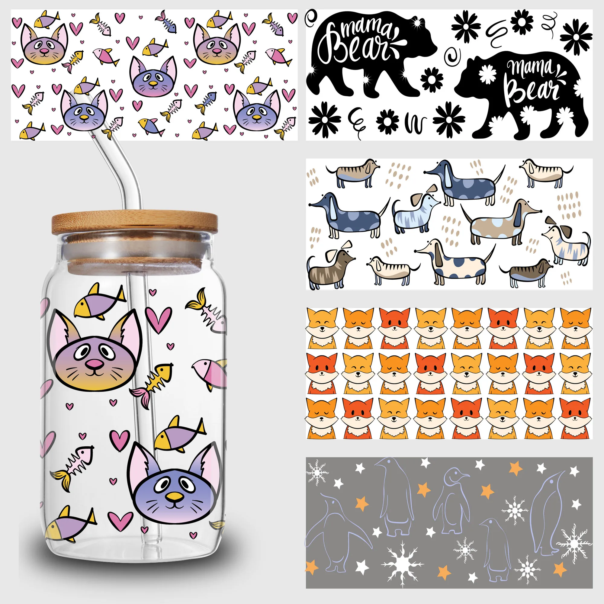 5 Sheets Animal UV DTF Mug Stickers, LGBT Transfer Stickers, Funny Puppies and Kittens Waterproof Wipe-On Transfers