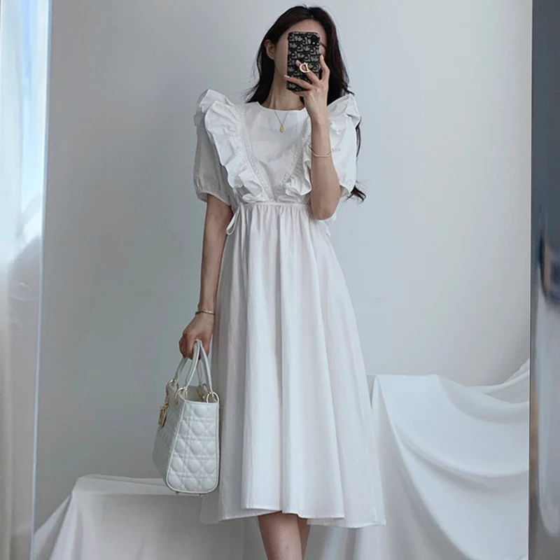 فستان صيفي أنيق بتصميم كلاسيكي، ياقة مستديرة، أكمام فقاعية، خصر مربوط، أسلوب كوري، فستان طويل بخصر مرتفع للنساء. #5