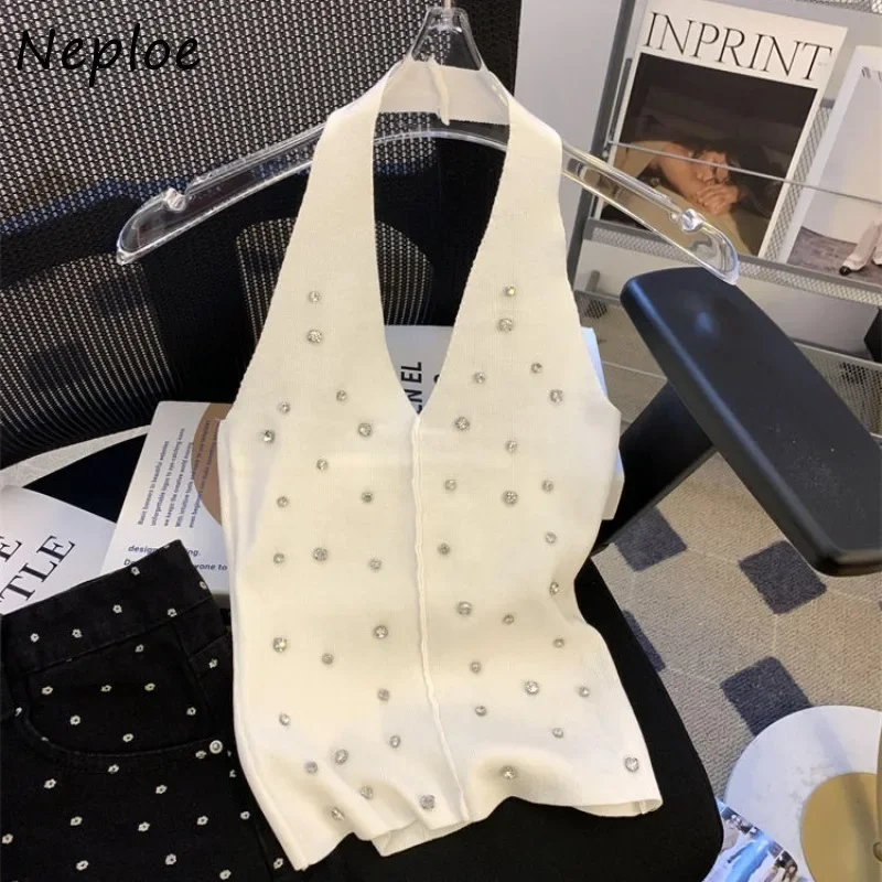 Neploe Semplice Scollo A V Diamante Halter Canotta Top 2024 Estate Nuovo Slim Fit Canotta Y2k Sexy Backless Maglia Maglia per Le Donne