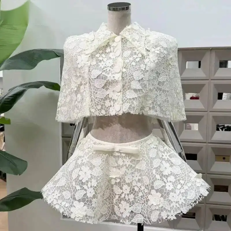 Summer Turn-Down Collar Lace Sleeveless Hollow Out Blouse Women Waistband Bow Detail A-line Mini Skirt New AA0B