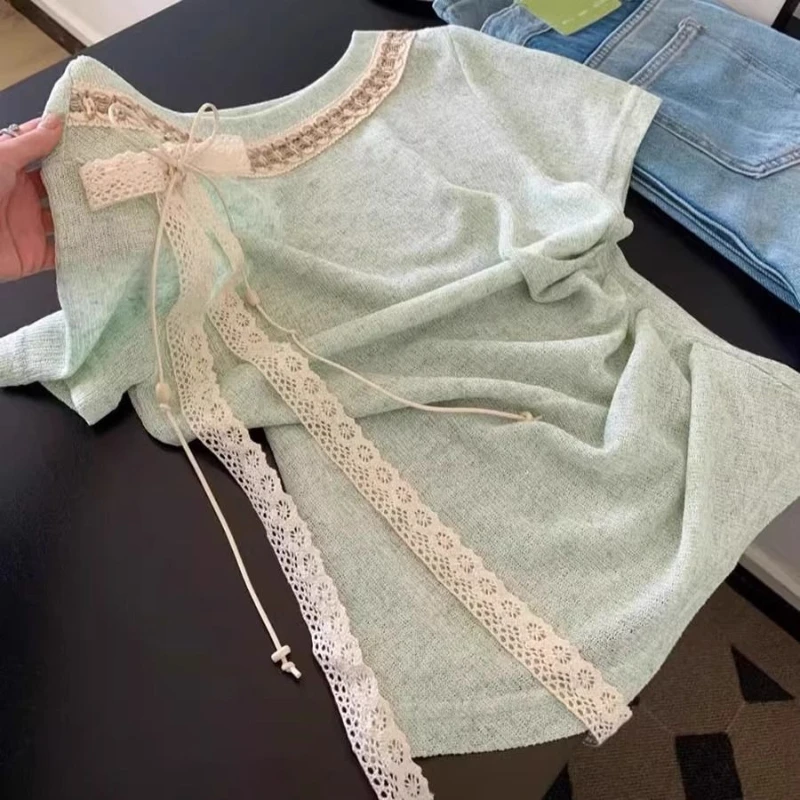 

Deeptown Sweet Korean Style Bow T-shirts Women Kawaii Shoujo Girl Aesthetic Tees Coquette Lace Patchwork Short Sleeve T-Shirts