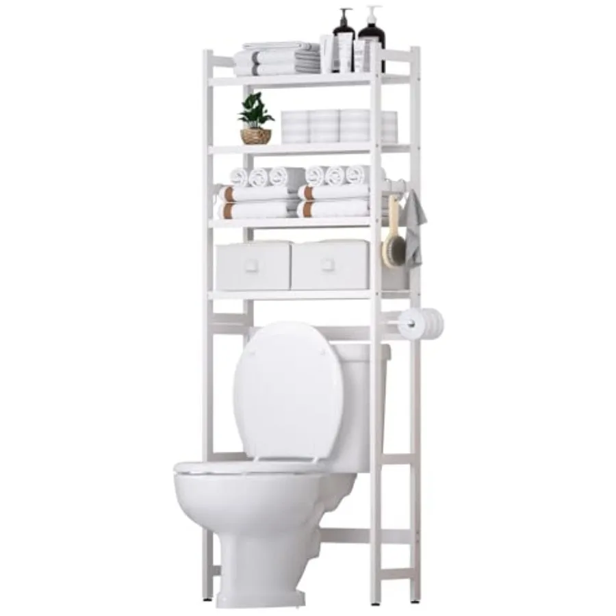 

Over The Toilet Storage with 2 Baskets 4-Tier Bamboo Organizer Rack with Paper Holder and 4 Hooks and Waterproof Feet Pad Frees