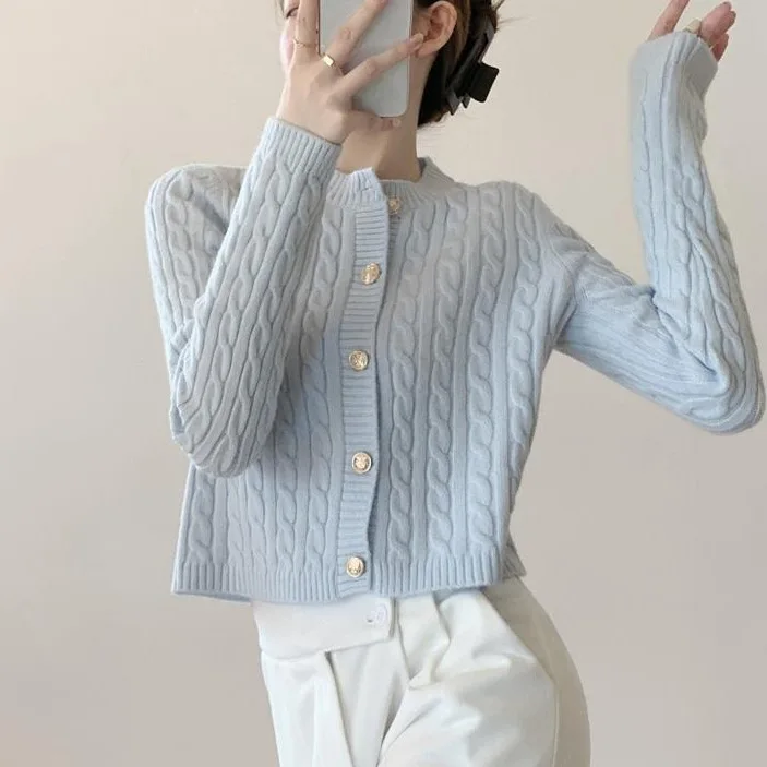 부드러운 크림색 짧은 니트 라운드넥 오픈 가디건 여성 스타일 가을 레이지 순색 스웨터 재킷 레트로 트위스트 디자인