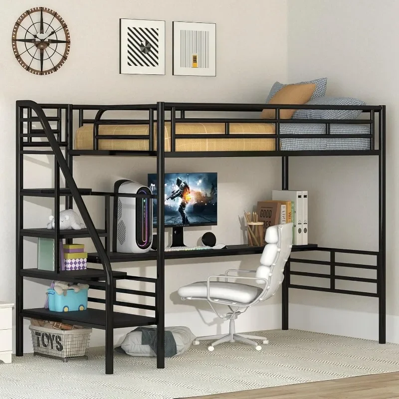 Etagen bett mit Schreibtisch und Stauraum treppe, Hochleistungs-Hochbett mit Leitplanken und langem Schreibtisch, Etagen bett für Kinder