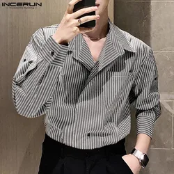 INCERUN Tops 2024 Stylish New Men's Collar Vertical Stripe Shirts Casual Simple Male All-match Long Sleeved Lapel Blouse S-5XL