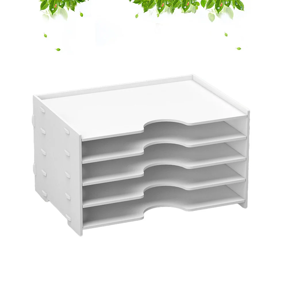 Desktop Storage Rack File Shelves Office Four-Layer White PVC Plastic Wood Desk Organizer File Classification Shelf for Office