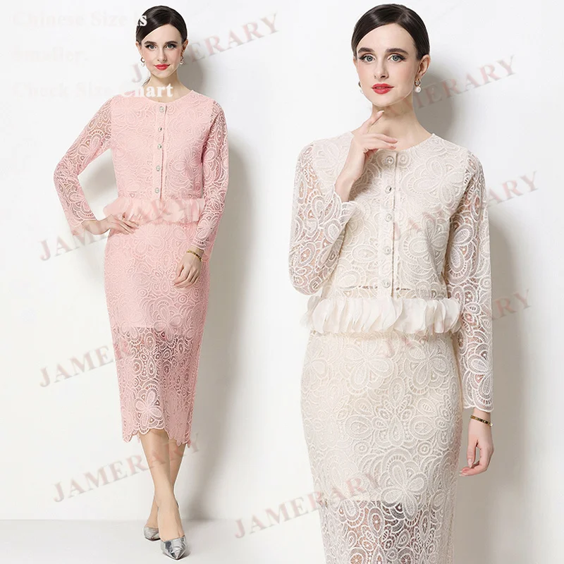 

Elegant Brand Summer Long Sleeve Dress Two Piece Set Women Embroidery Lace Blouses Midi Sheath Skirt Suits 2pcs Outfit Autumn