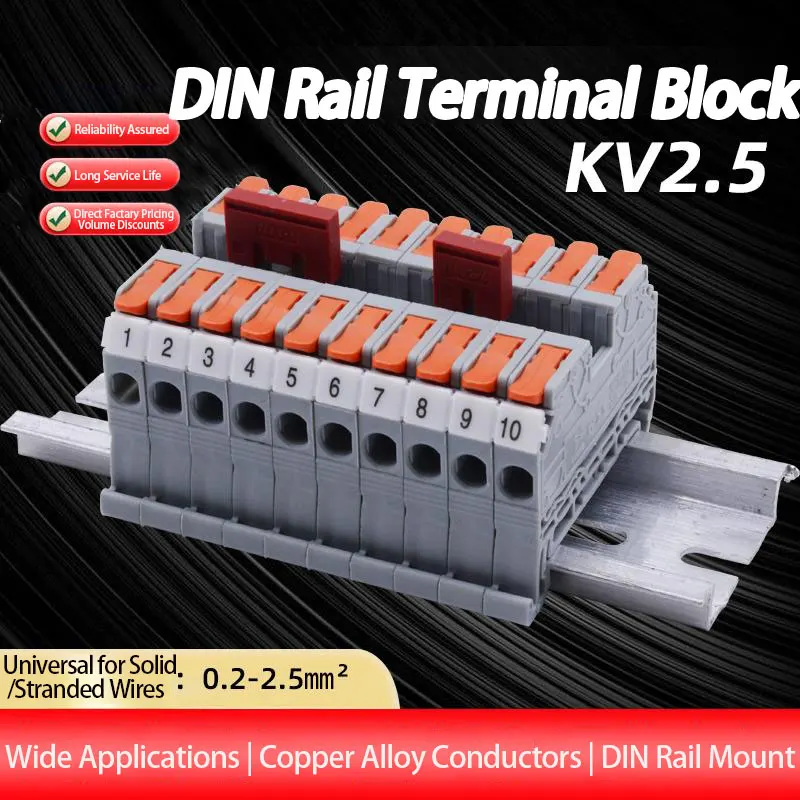 

KV2.5 Thickened Copper Rail Terminal Block - No Screw/Press Needed, Stainless Steel Spring, 0.2-2.5mm² Wire/Pure Copper Busbar