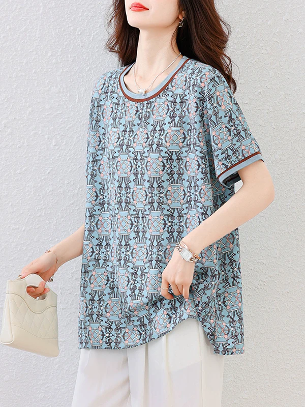 

Summer New Faion Loose Casual Print round Ne ort Sve T-irt Women's Top Comfortable Breathable Retro Sle Tee