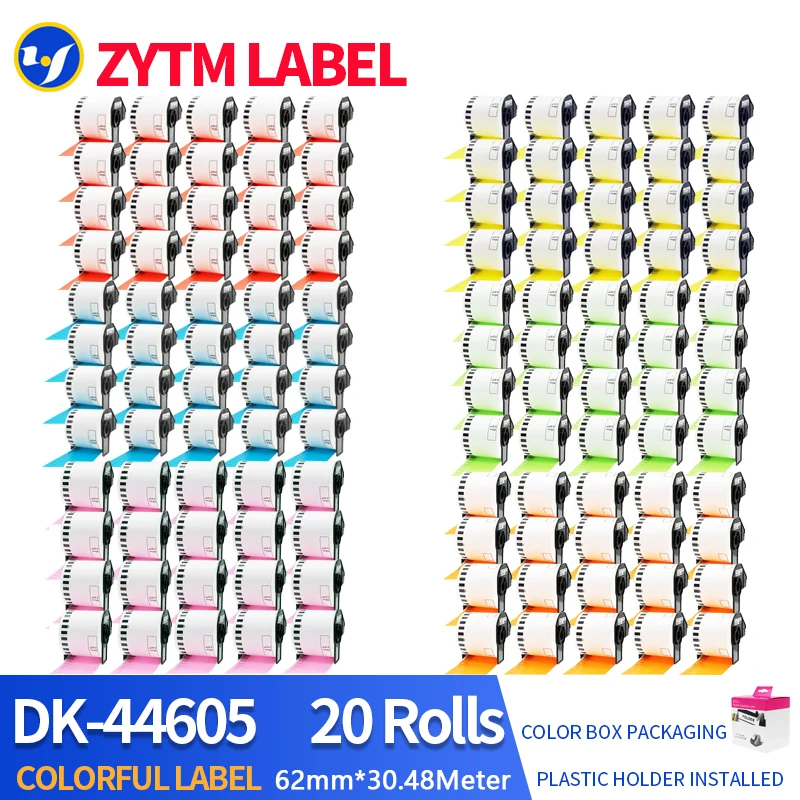 

20 Rolls Compatible Brother DK-44605 Label 62mm*30.48M Blue Red Yellow Green Pink Orange Color QL-570/700/800/1060/1100 Printer