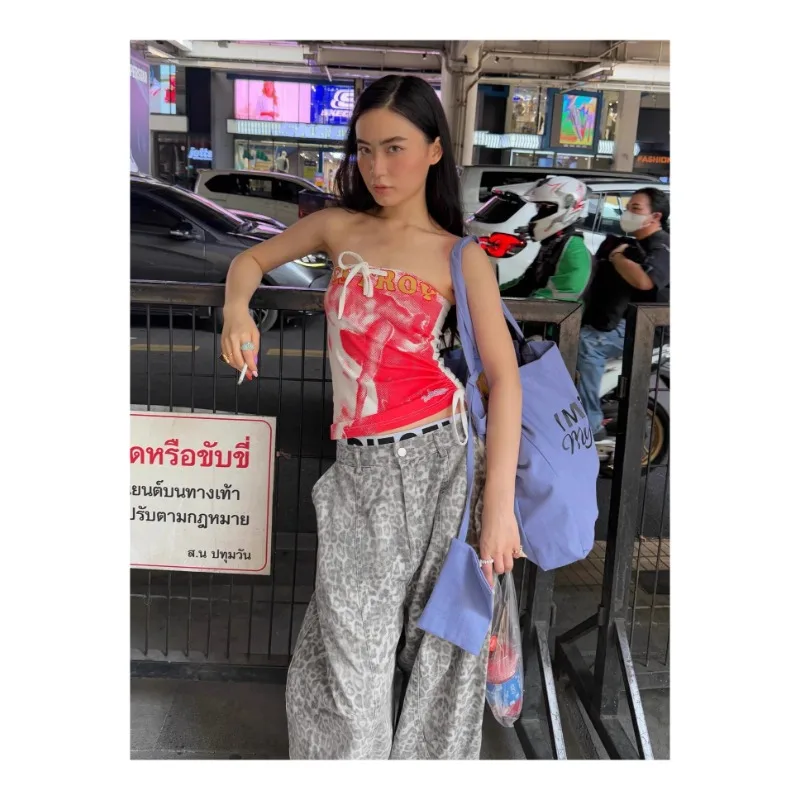 Gothic Y2K Leopard Hosen Frauen Distressed Grunge Breite Bein Hosen 90er Jahre Punk Mode Hohe Taille Übergroßen Casual Street Style