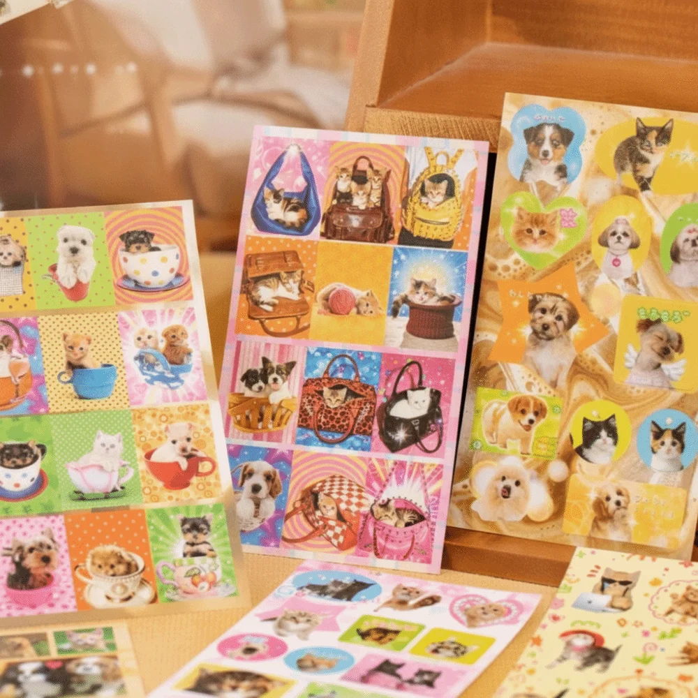 Matte Film Sticker Sheets Tactile Film Retro Style Decorative Stickers Colorful Illustrations Cat And Dog Patterns Sticker Book