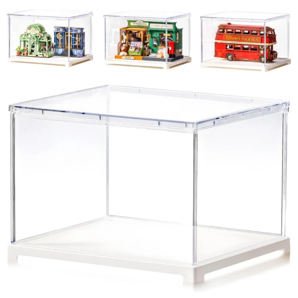 Rolife Acrylic Display Case Dustproof Display Box with Front Door fits for Miniature House Blind Box Pop Figures Collectibles