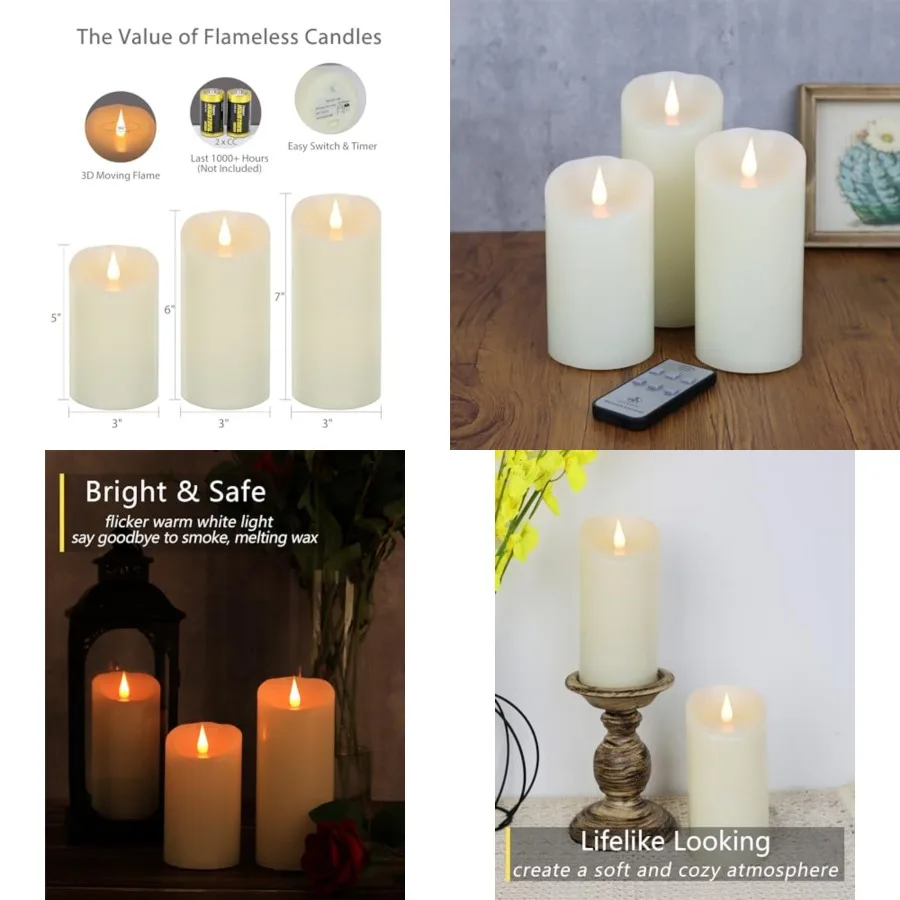 

Flameless Candles Flickering 3D Moving Flame, Last 1000+ Hours Battery Operated Candles with Remote Timer, Set of 3 Ivory Real