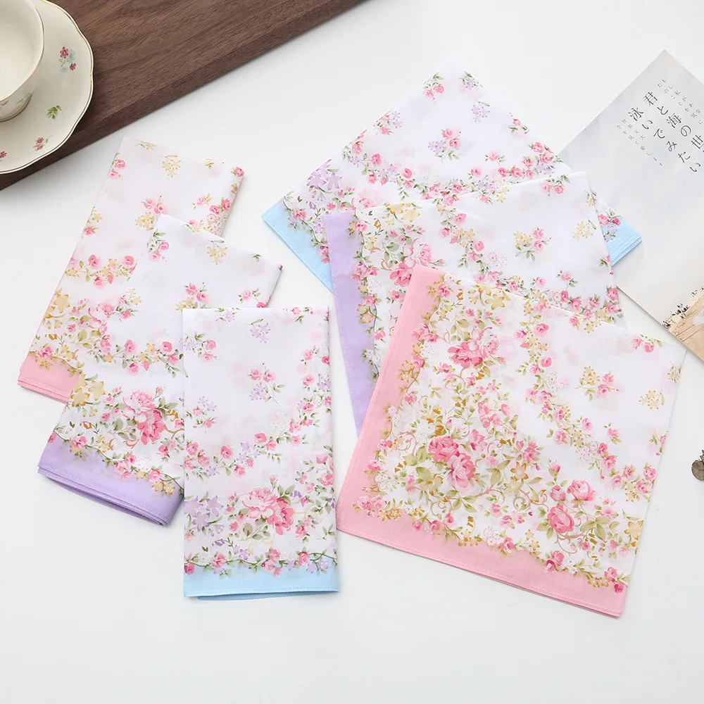 Women 43cm Vintage Floral Cotton Handkerchief Thin Absorbent Elegant Printed Square Hanky Retro Sweat Wiping Pocket Towel