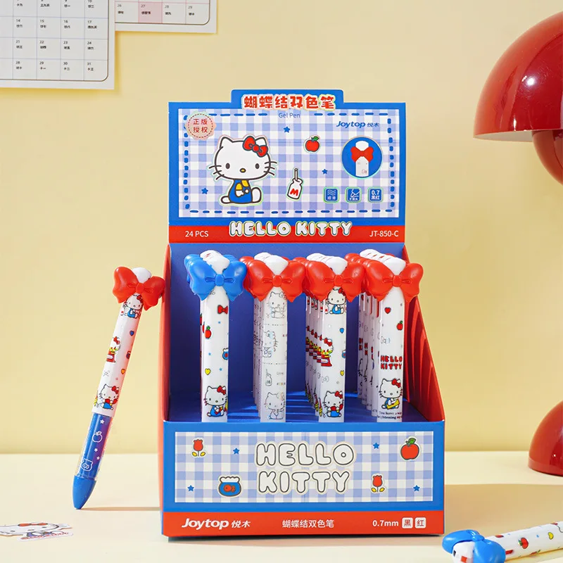 

4/24pcs Kawaii Kitty 0.7mm Black Red Two-Color Press Ballpoint Pen Cartoon Bow Student Color Notebook Note Pen Stationery Gift