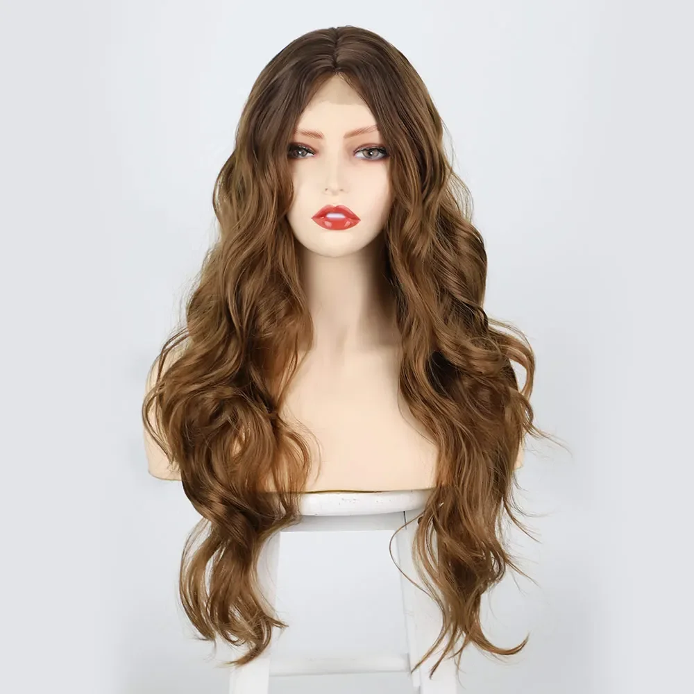 Long Ombre Brown Wavy Wig for Women Middle Part Curly Charming Synthetic with Natural Wavy Brown Heat Resistant Hair for Wedding