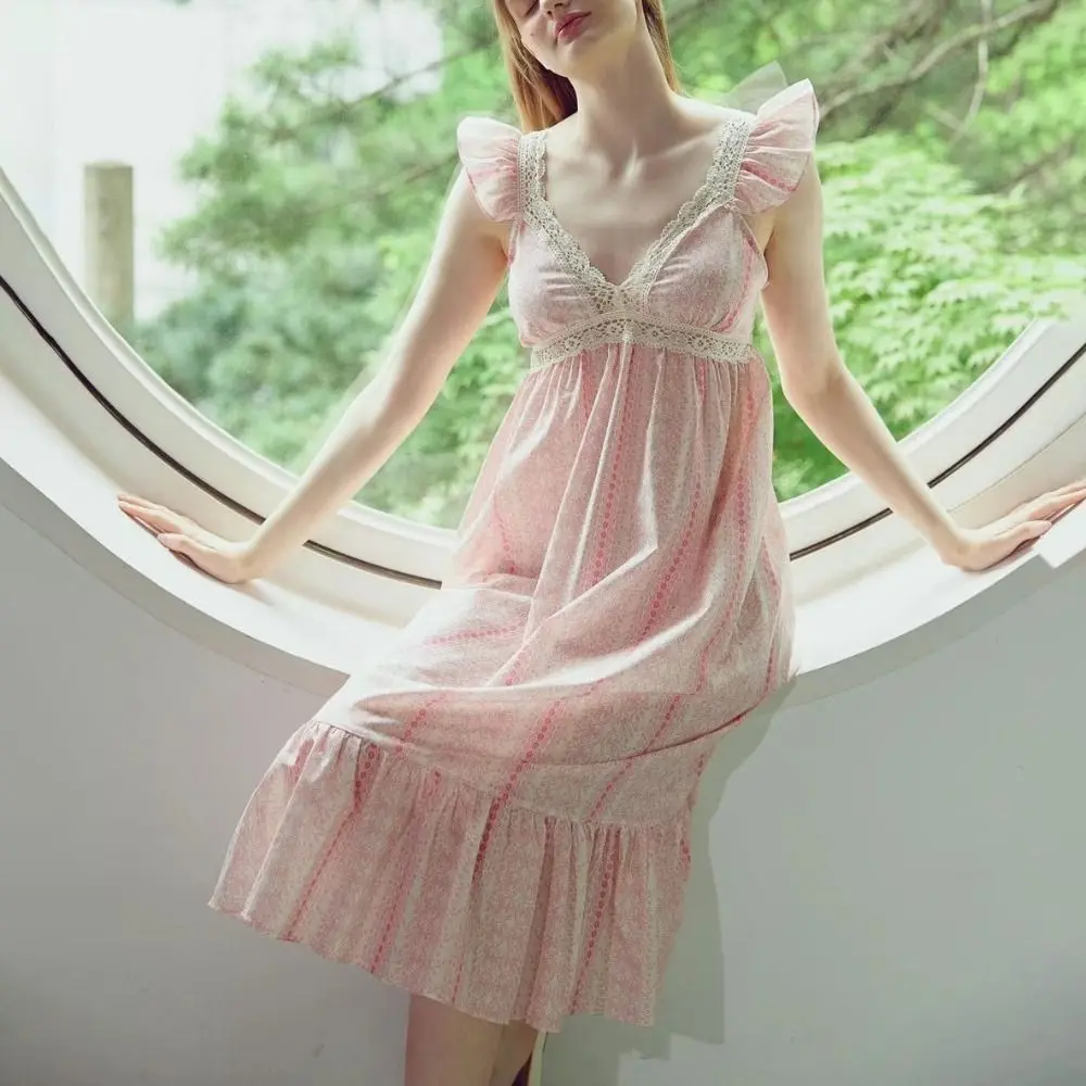 

Ins with Chest Bra Women's Pajama Dress V Neck High Waist Sleeveless Nightdress Lace Sleepwear Sweet Nightgowns Home